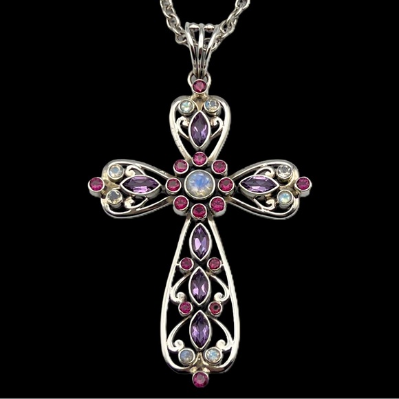 ✝️NICKY BUTLER 925 Sterling Silver Rainbow Moonstone Amethyst Cross Necklace NEW - Picture 3 of 10